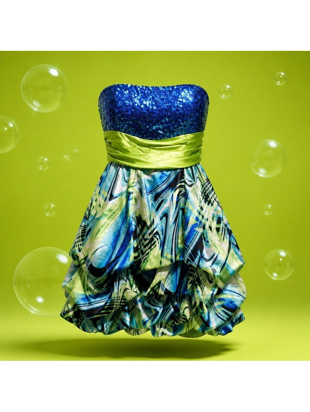 Vintage Y2K Sequin Strapless Bubble Hem Homecoming Party Dress Blue Green Cyber
